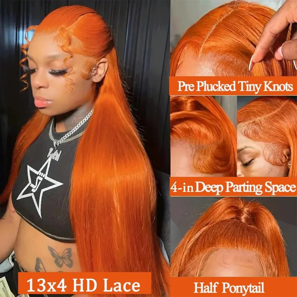 Ginger Orange Straight 13X6 Hd Lace Front Human Hair Wig 100% 220 Density 36 Inch Wigs #350 Colored Pre Plucked Brazilian Wigs