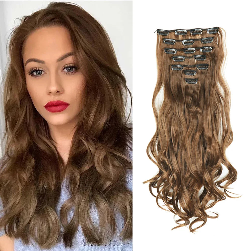Clip In Wig Hair Extensions 7 PCS Full Head 22 Inch Long Curly Wavy Synthetic Hair Wigs Pieces Natural Wavy For Women Girls Hair Style