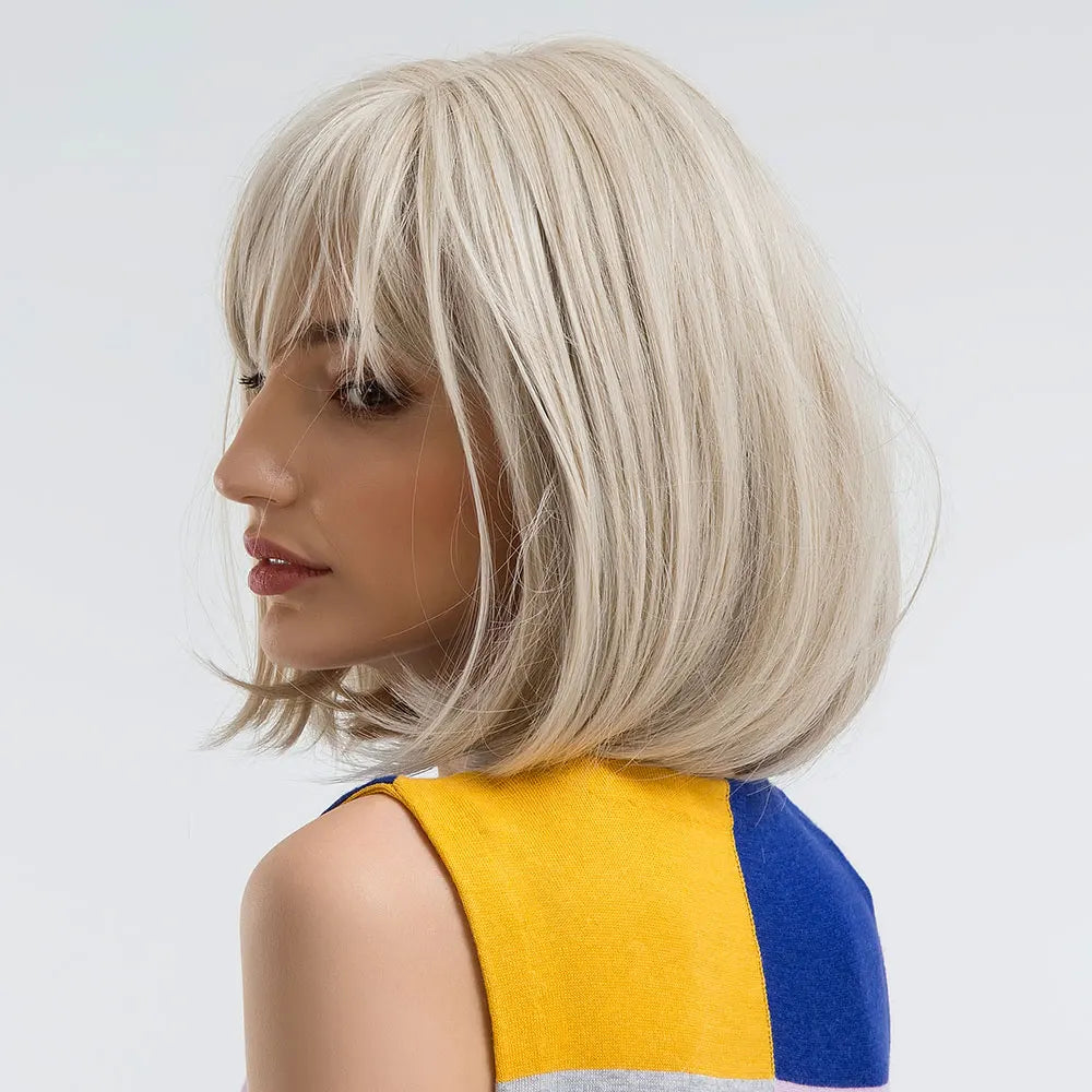 Short Bob Platinum Blonde Wig with Bangs Synthetic Natural Straight Blonde Hair Wigs for White Women Party Daily Heat Resistant Hair Style