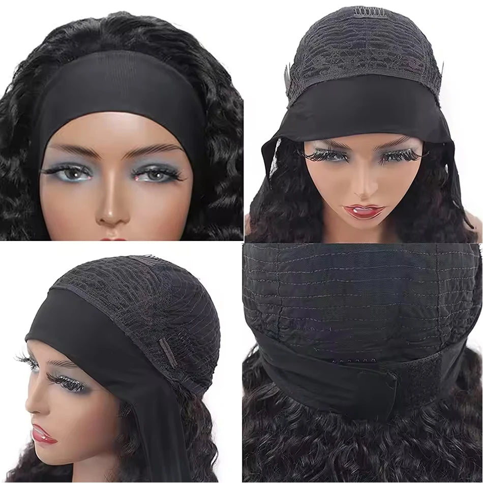 Jerry Curly Headband Human Hair Wig Brazilian Virgin Hair Perfect Natural Afro Look No Lace Needed 250% Scarf Machine Made Wig