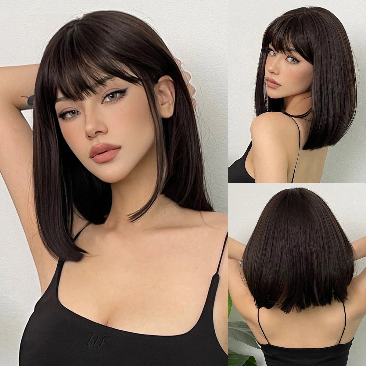 Short Layered Synthetic Wig Ombre Brown Medium Length Straight Natural Looking Hair Wigs with Bangs Heat Resistant Hair Style for Women Daily Use