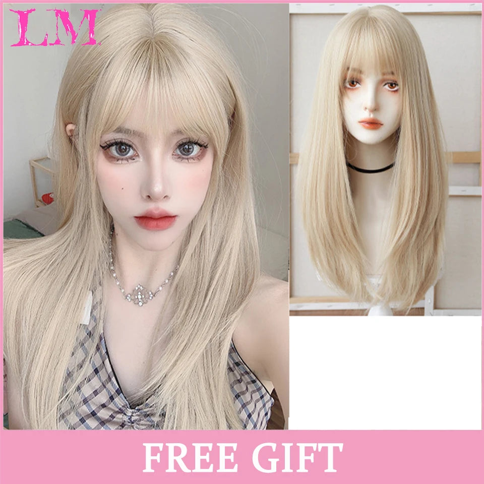 LM Cosplay Wig With Bangs Synthetic Straight Hair Wigs 24 Inch Long Heat-Resistant Pink Hair Style For Women