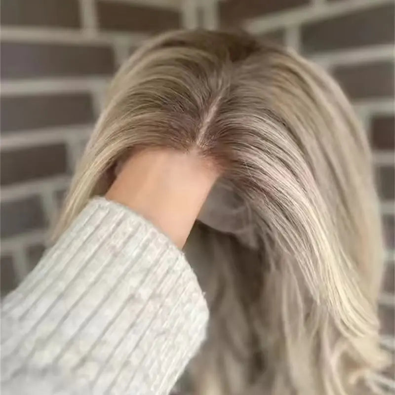 Invisible Transparent Lace Ombre Platinum Blonde Wig with Dark Roots Party Wigs Lace Front Wig Synthetic HD Wigs For Women 20 inch