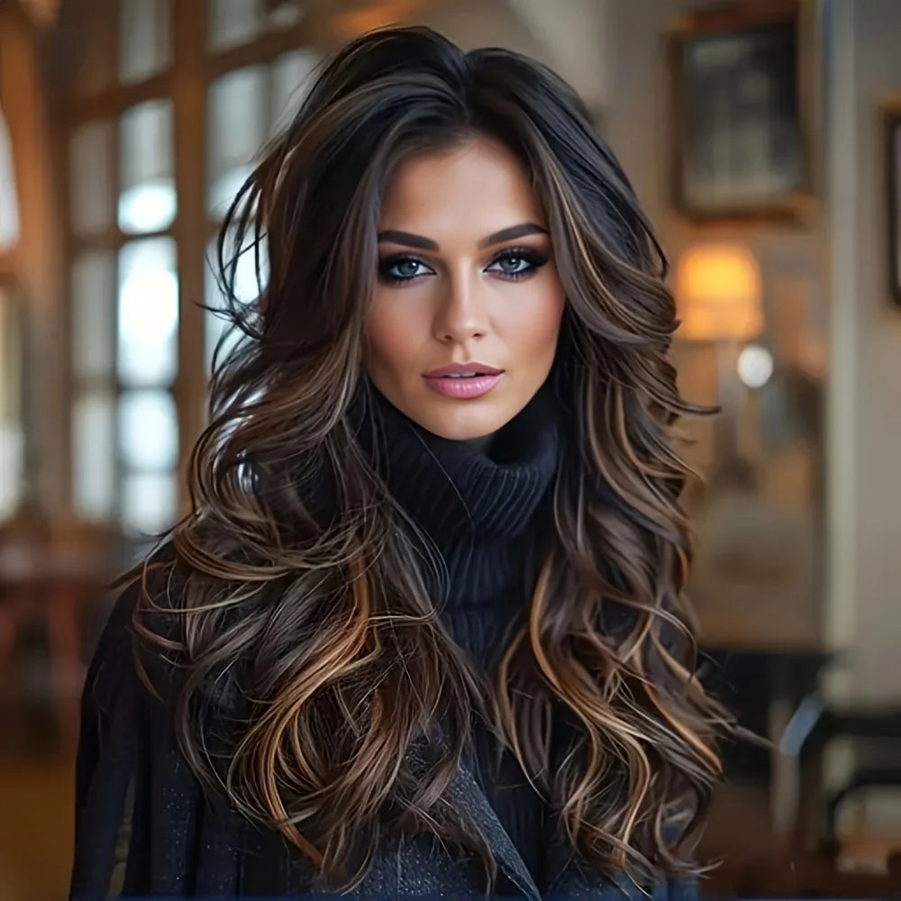 26in Highlight Brown Wave Curly Wigs Heat Resistant Synthetic Hair Style Wigs for Women Natural Look for Cosplay, Daily Use Halloween Party