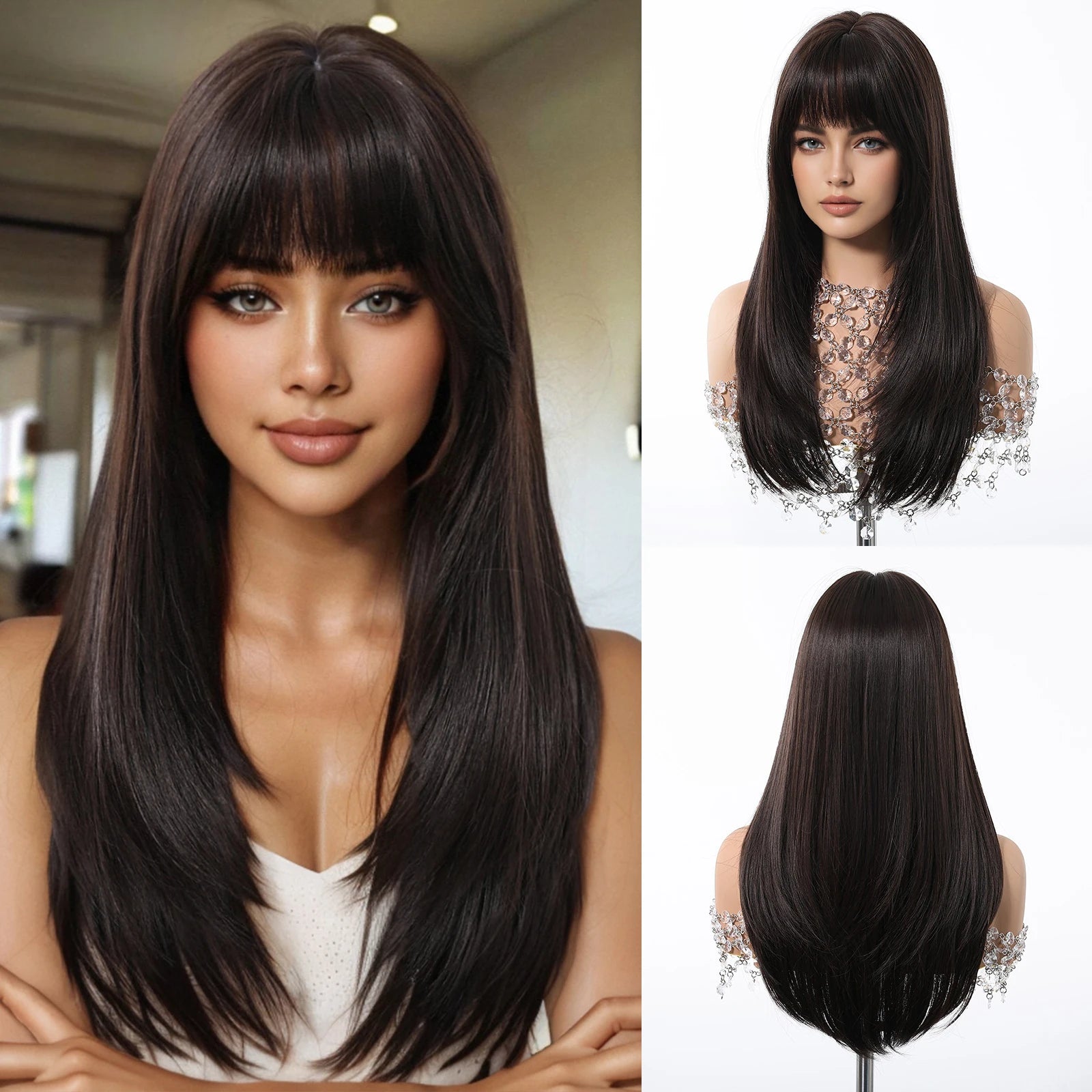 ALAN EATON Long Brown Highlight Synthetic Wig Layered Straight Hair Style Wigs Realistic Fake Hair for Daily Wear High Temperature Wigs