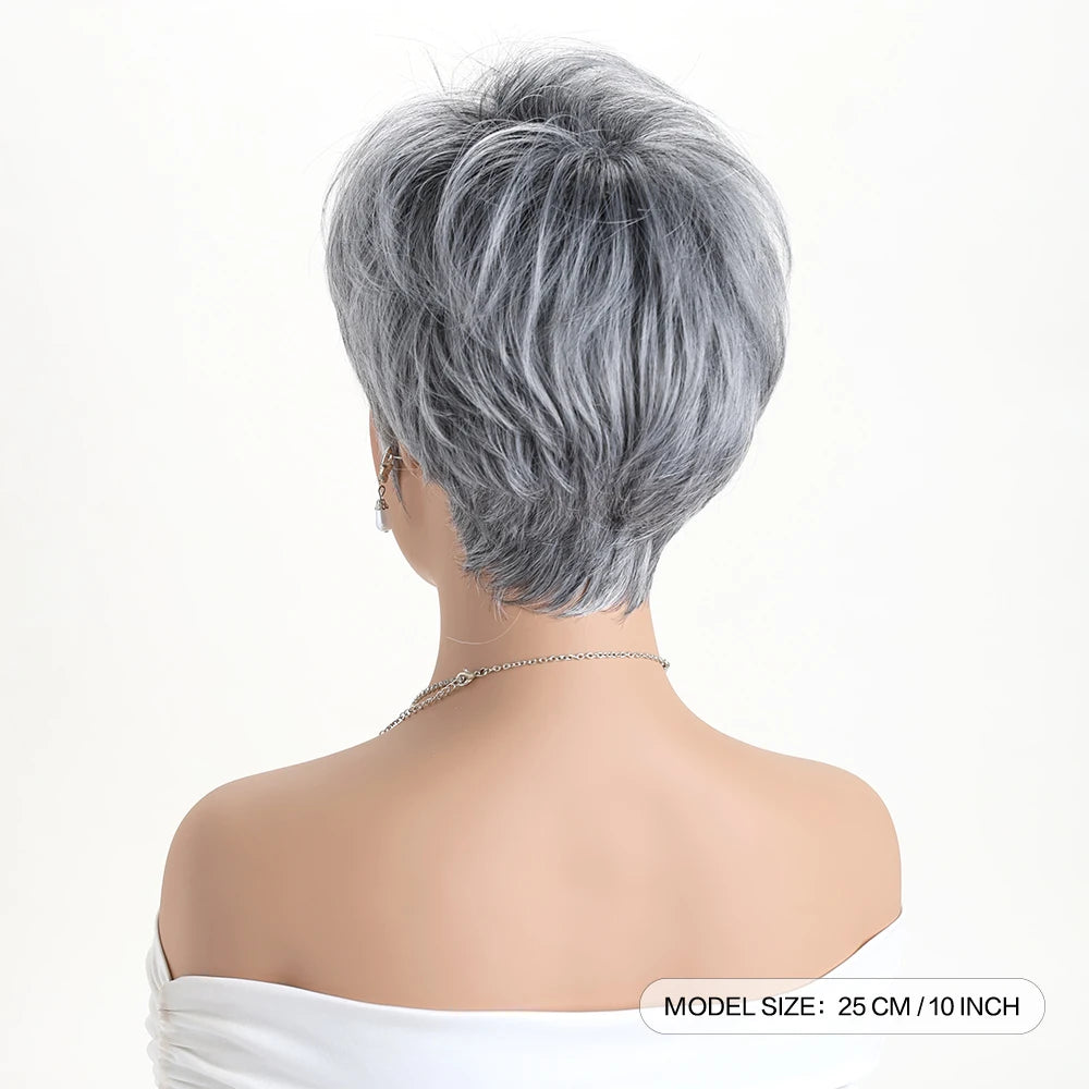 Short Natural Wigs with Bangs Soft Mommy Hair Daily Use Short  Grey Ombre Curly Synthetic Hair Costume Party Wig for Women