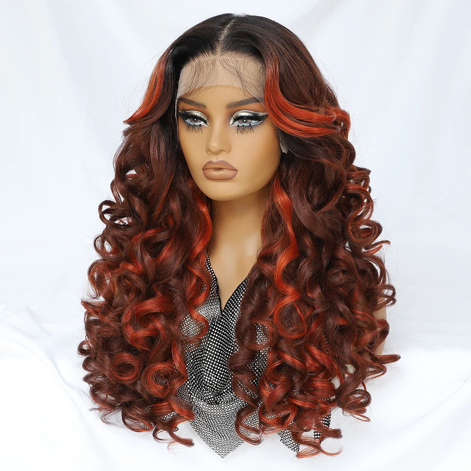 Latisha HD Synthetic Lace Front Wigs Curly Pre Plucked Lace Frontal Wig with Bangs for Women Highlight with Babyhair 24Inch Wigs
