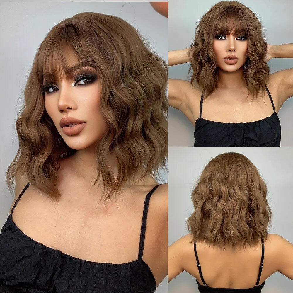 Women Grey Wavy Bob Wigs with Bangs Short Blonde Ombre Synthetic Hair Wigs With with Dark Roots Natural Hair Style for Women Daily Use