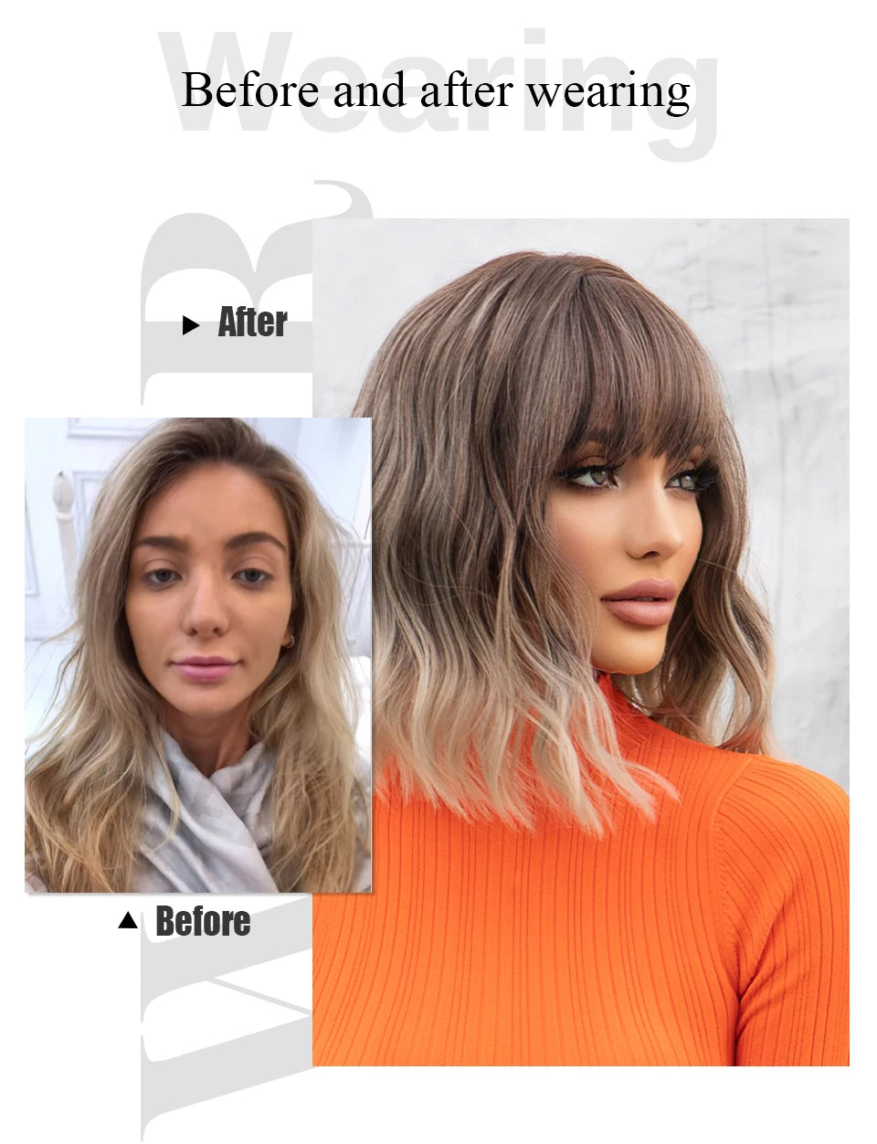 Women Grey Wavy Bob Wigs with Bangs Short Blonde Ombre Synthetic Hair Wigs With with Dark Roots Natural Hair Style for Women Daily Use