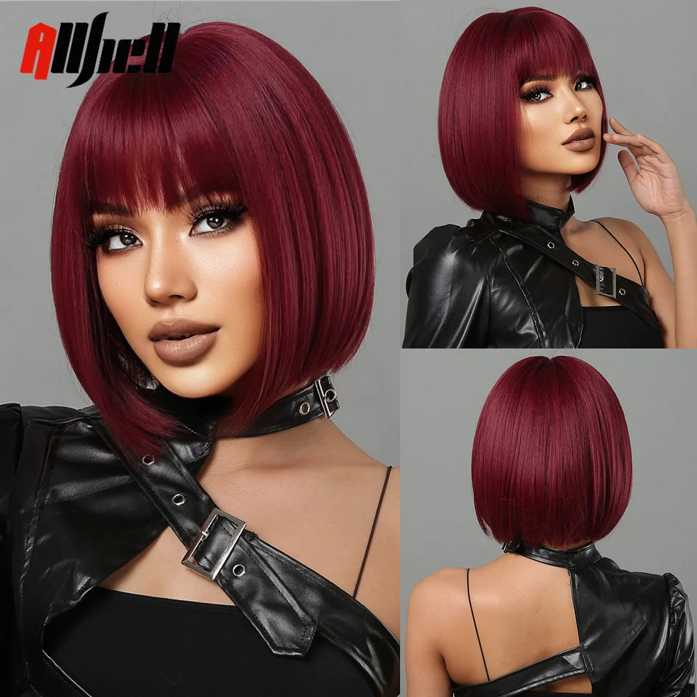 Medium Length Chestnut Brown Synthetic Wigs Hair Middle Part Wine Red Highlights Straight Wig Heat Resistant for Women Party Cosplay