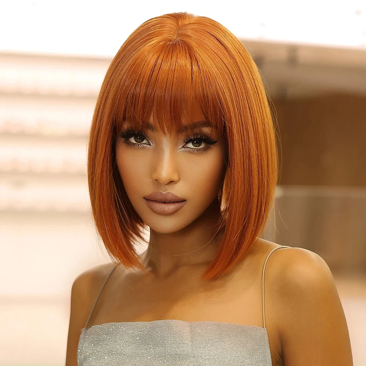 Short straight synthetic wig Ginger Brown Bob wigs with straight bangs Ladies Cosplay daily natural high temperature silk wigs