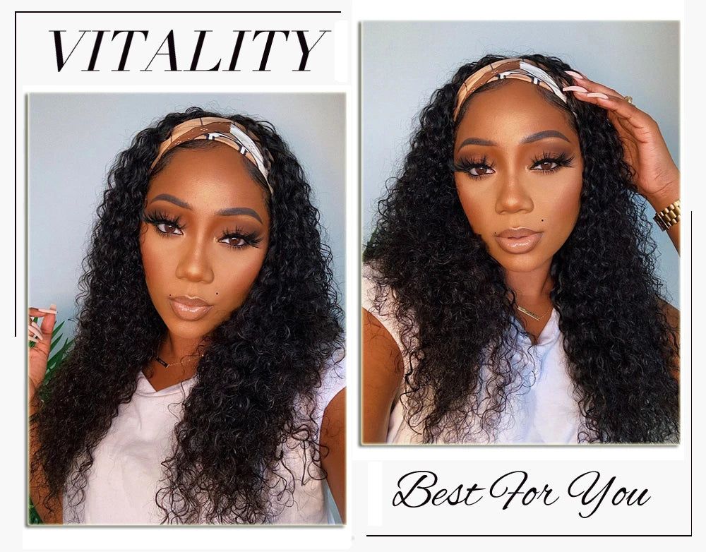 Jerry Curly Headband Human Hair Wig Brazilian Virgin Hair Perfect Natural Afro Look No Lace Needed 250% Scarf Machine Made Wig