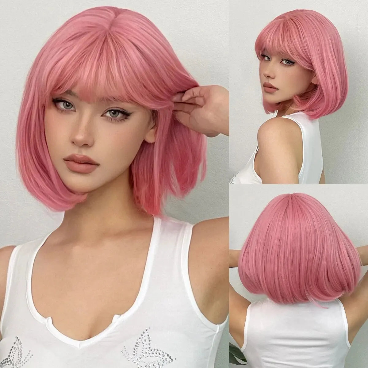 Short Straight Bob Synthetic Wigs Pink Natural Hair Wig with Bangs for Women Cosplay Cute Hair Style Heat Resistant Fiber