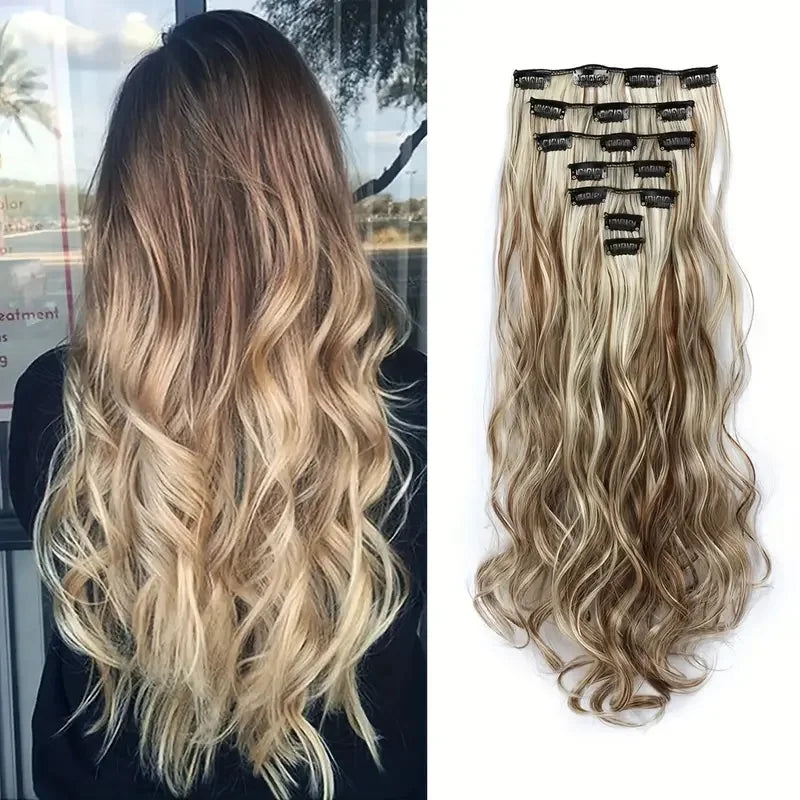 Clip In Wig Hair Extensions 7 PCS Full Head 22 Inch Long Curly Wavy Synthetic Hair Wigs Pieces Natural Wavy For Women Girls Hair Style