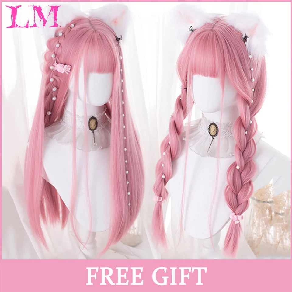 LM Cosplay Wig With Bangs Synthetic Straight Hair Wigs 24 Inch Long Heat-Resistant Pink Hair Style For Women