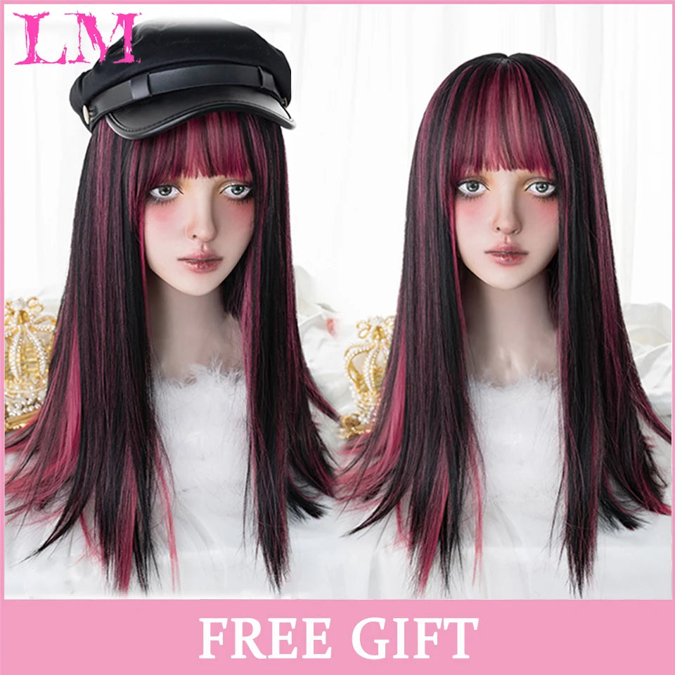 LM Cosplay Wig With Bangs Synthetic Straight Hair Wigs 24 Inch Long Heat-Resistant Pink Hair Style For Women