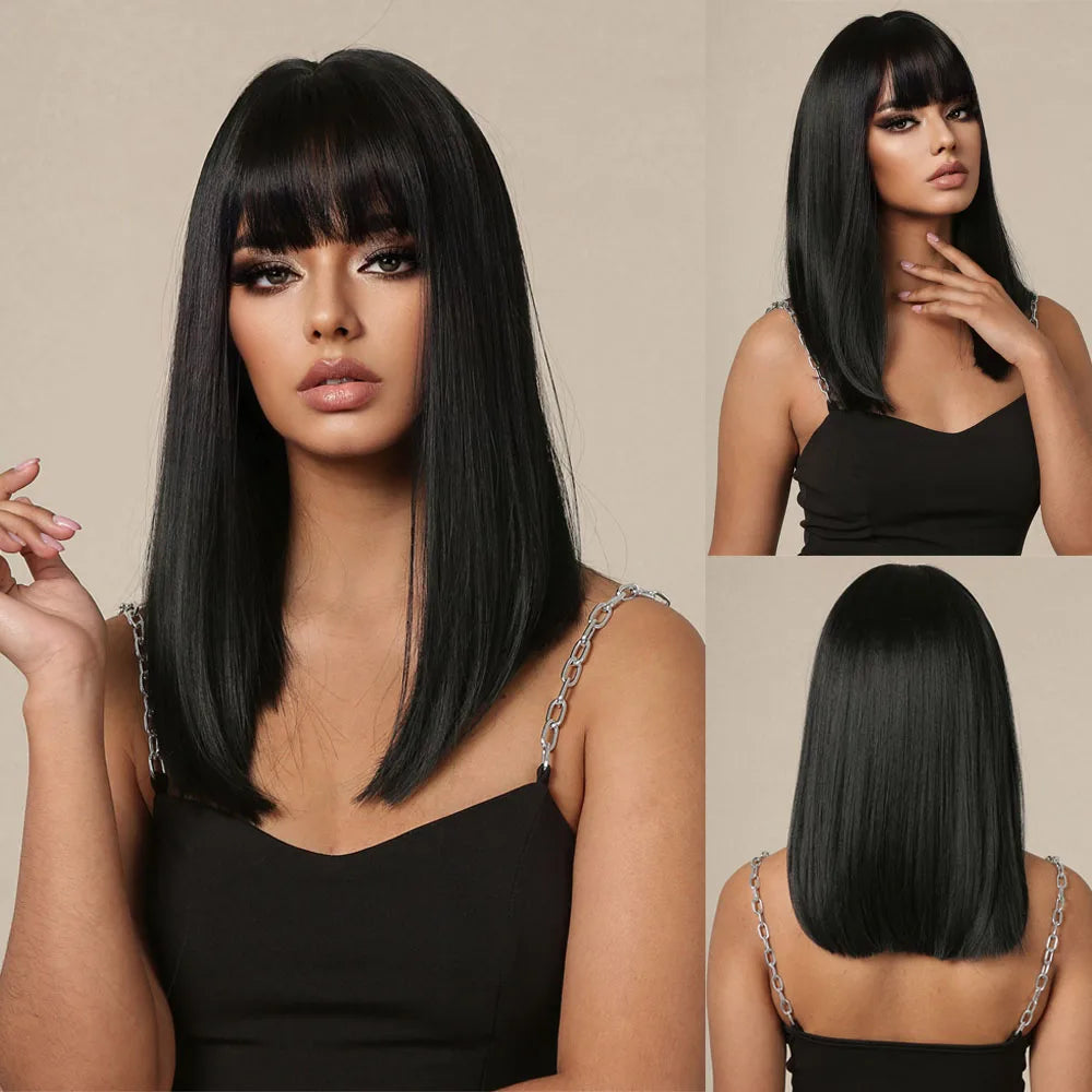 Straight Black Bob Synthetic Wig with Bangs Medium Long Cosplay Layered Hair Wigs for Woman Natural Hair Daily Wigs Hair Style Heat Resistant