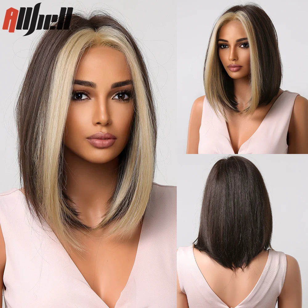 Medium Length Chestnut Brown Synthetic Wigs Hair Middle Part Wine Red Highlights Straight Wig Heat Resistant for Women Party Cosplay
