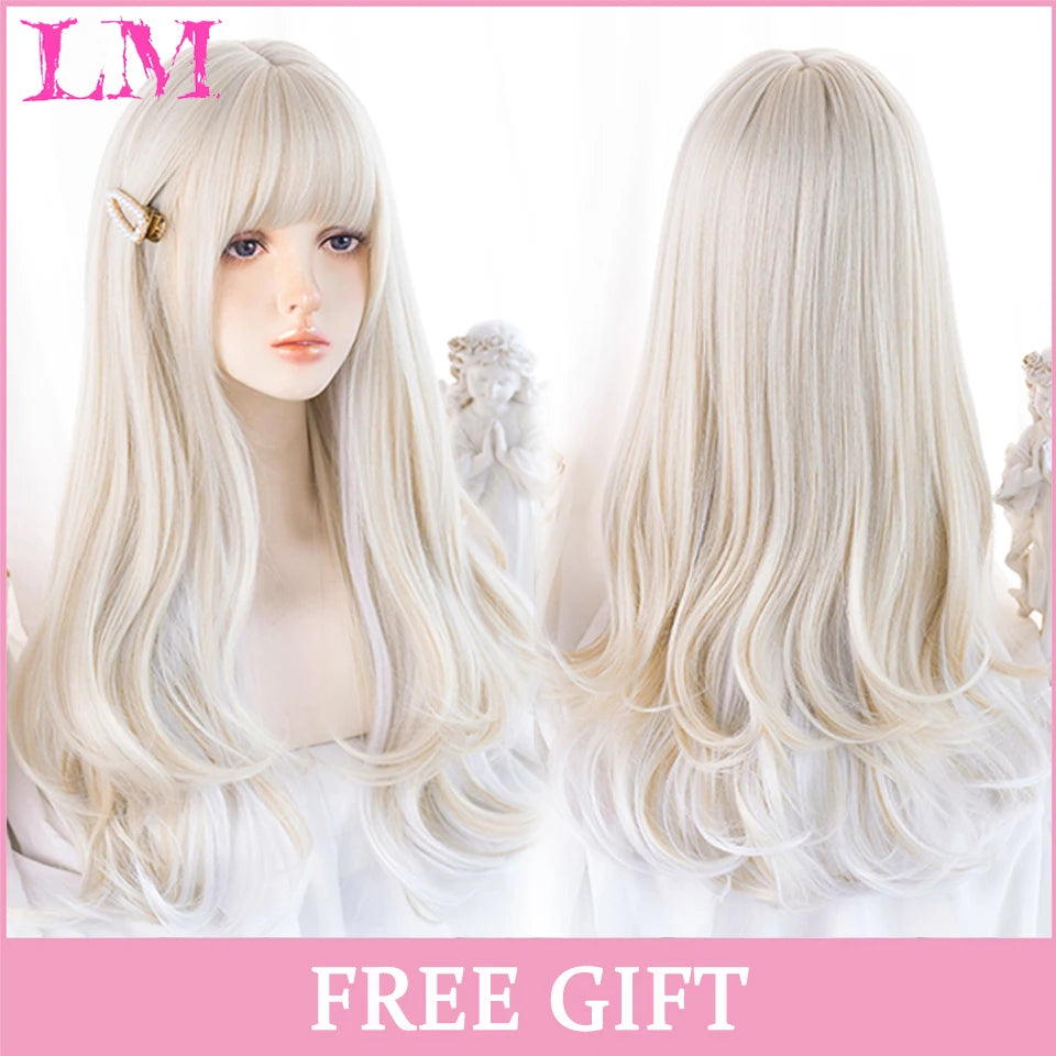 LM Cosplay Wig With Bangs Synthetic Straight Hair Wigs 24 Inch Long Heat-Resistant Pink Hair Style For Women