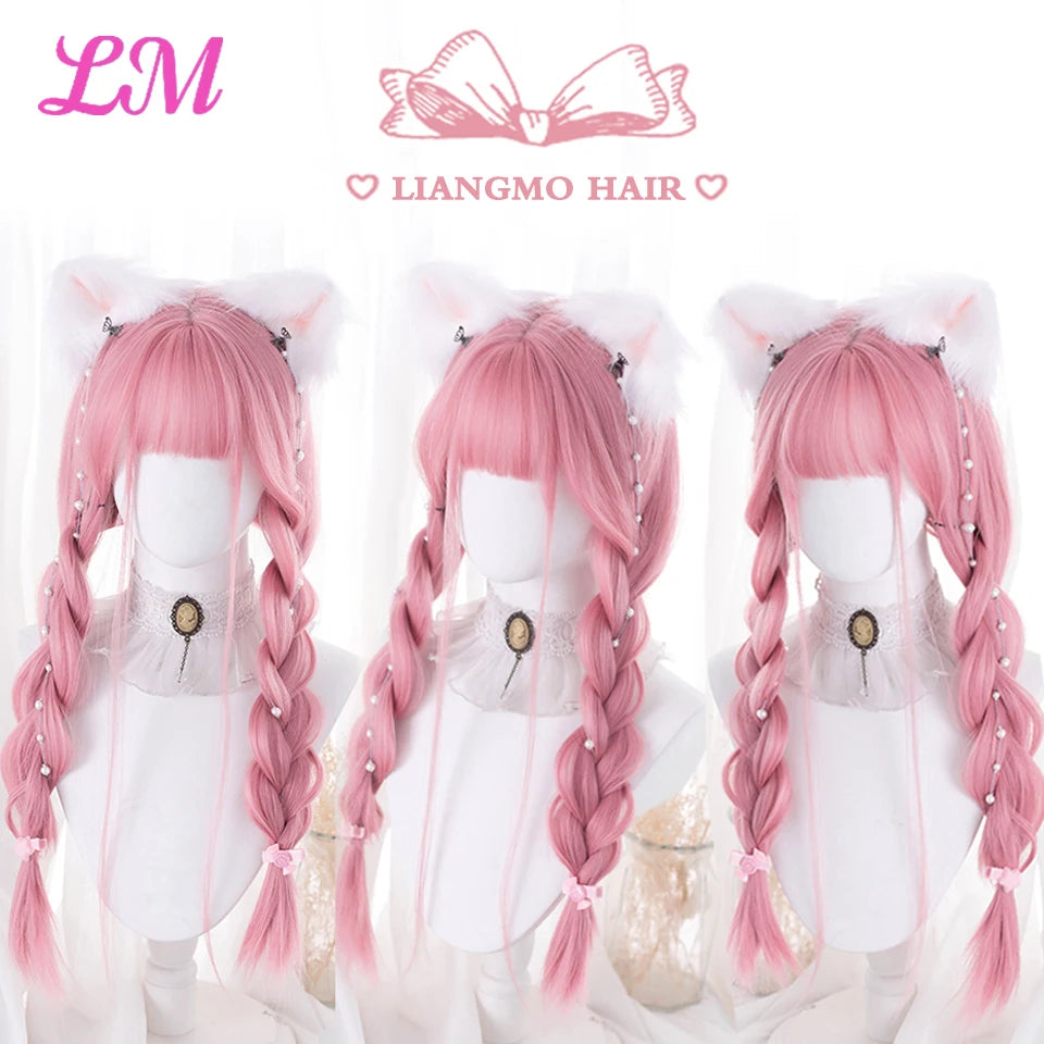 LM Cosplay Wig With Bangs Synthetic Straight Hair Wigs 24 Inch Long Heat-Resistant Pink Hair Style For Women