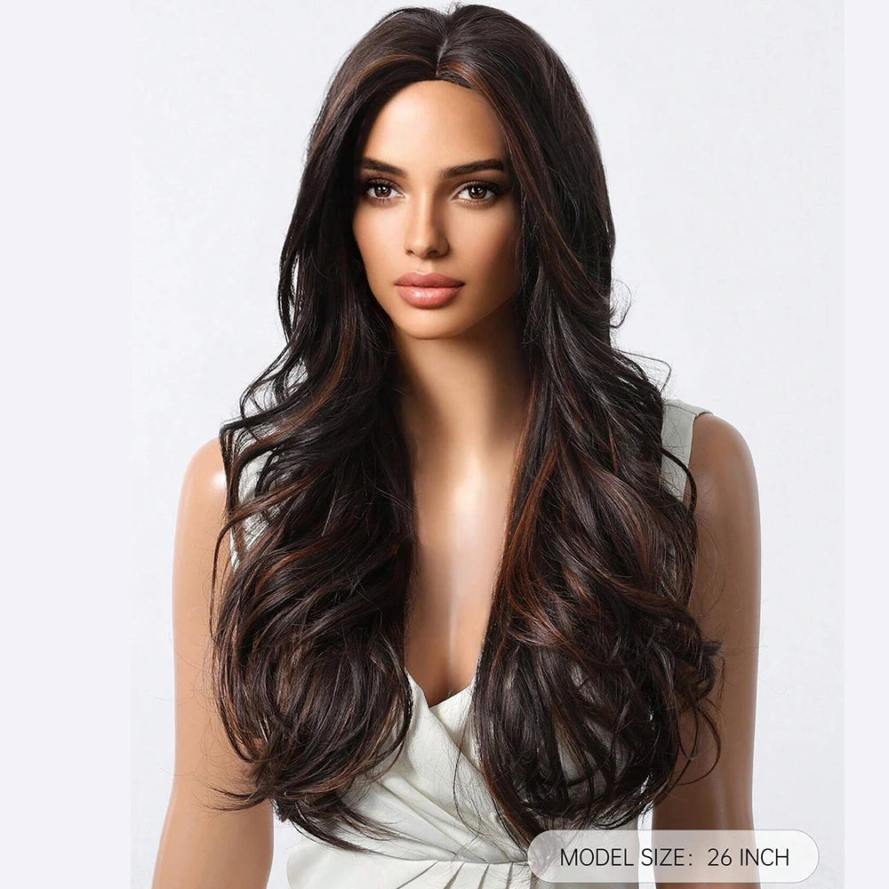 26in Highlight Brown Wave Curly Wigs Heat Resistant Synthetic Hair Style Wigs for Women Natural Look for Cosplay, Daily Use Halloween Party