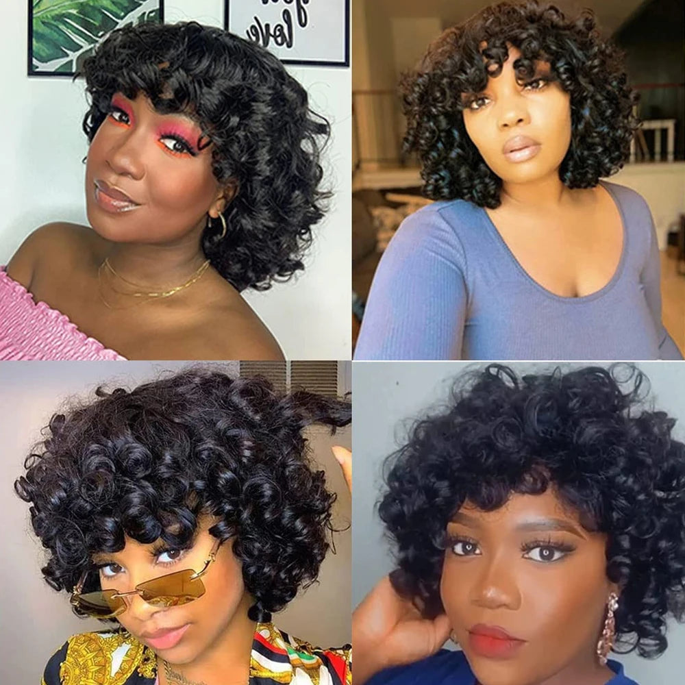 Short Curly Bob Wig Human Hair With Bangs Ready to Go Glueless Bouncy Curly Human Hair Wigs Machine Made Afro Wigs for Women Hair Style