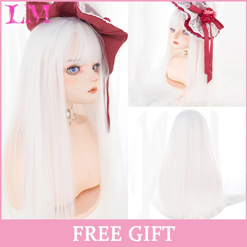 LM Cosplay Wig With Bangs Synthetic Straight Hair Wigs 24 Inch Long Heat-Resistant Pink Hair Style For Women