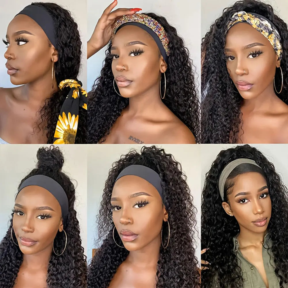 250% Density Headband Wigs Human Hair For Women Deep Water Wave Natural Color Deep Wave Glueless Human Hair Wig  Human Hair