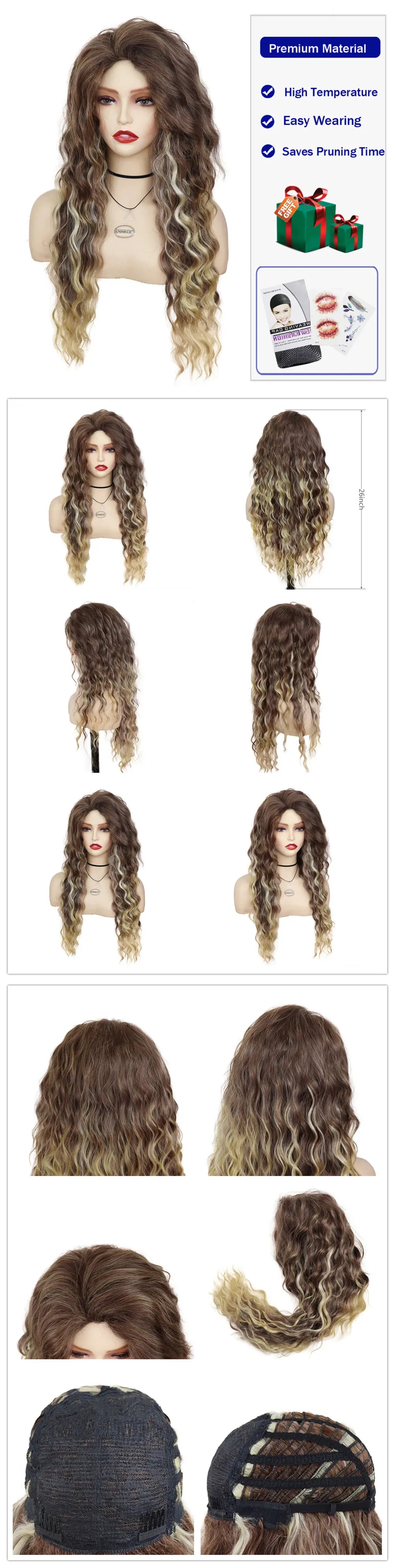 Womens Wig Long Synthetic Hair Ombre Blonde Curly Hair Wigs Female Natural Wavy Drag Queen Regular Wig 80s Gradient Hair Style Wigs for Student
