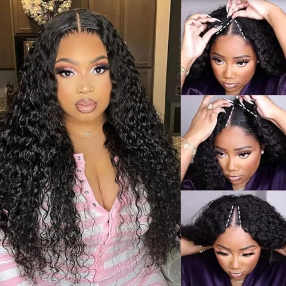 Curly V Part Wig Human Hair No Leave Out Upgrade U Part Wigs Glueless 30 Inch Natural Color Deep Wave Human Hair Wig For Women