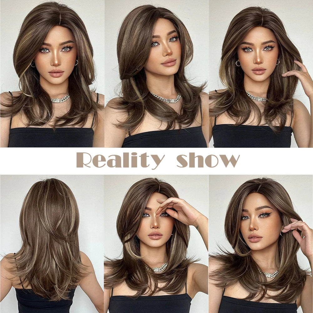 ELEMENT Synthetic Wig Medium Wavy Hair Brown Mixed Blonde Wigs for Women Daily Party Cool Heat Resistant Breathable Headband, Hair style