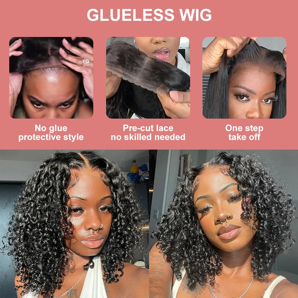 Brazilian Deep Water Wave Curly Bob 100% Human Hair Wigs Natural Black Deep Wave HD Lace Front 13x4 13x6 Transparent Lace Wigs