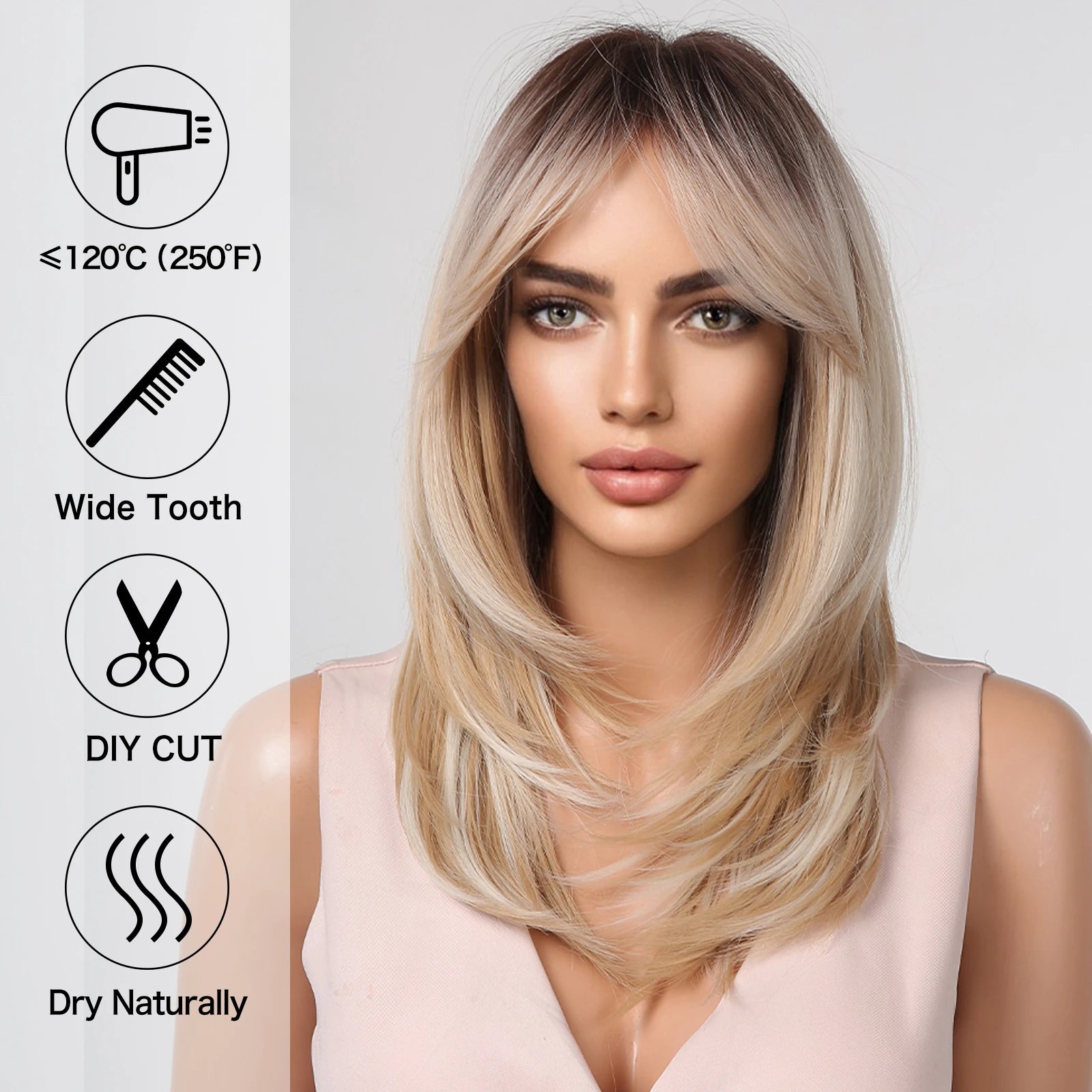ALAN EATON Long Blonde Wig for Women Synthetic Hair Wigs with Fringe Ombre Color with Dark Roots Layered We Heat Resistant Hair Style