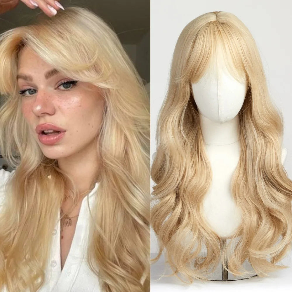 Long Copper Brown Synthetic Curly Wig for Women Auburn Hair Style Wigs with Bangs Layered Straight Hair Natural Daily Heat Resistant