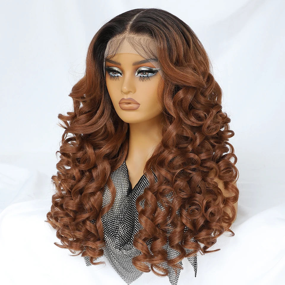 Latisha HD Synthetic Lace Front Wigs Curly Pre Plucked Lace Frontal Wig with Bangs for Women Highlight with Babyhair 24Inch Wigs