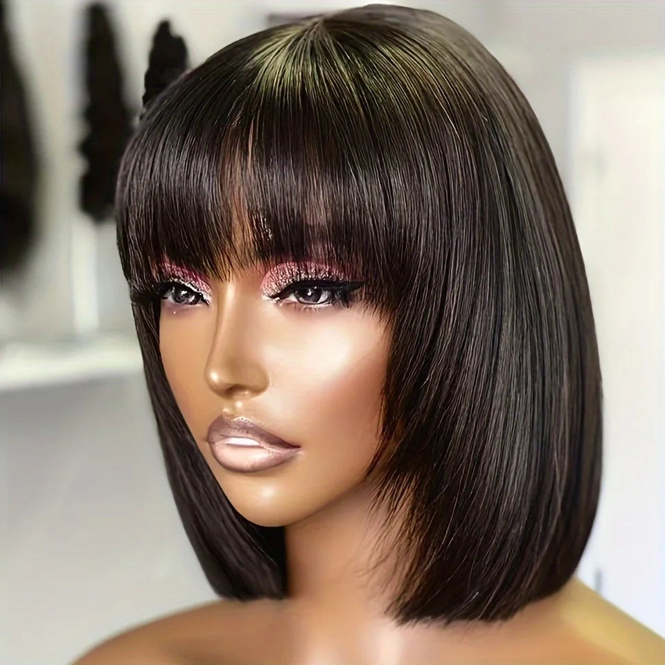 Straight Short Bob Wig With Bangs Vietnamese 100% Human Hair Double Drawn Bob Wigs Glueless Straight Wigs On Sale Clearance 180%bbb haircjvjvjvv