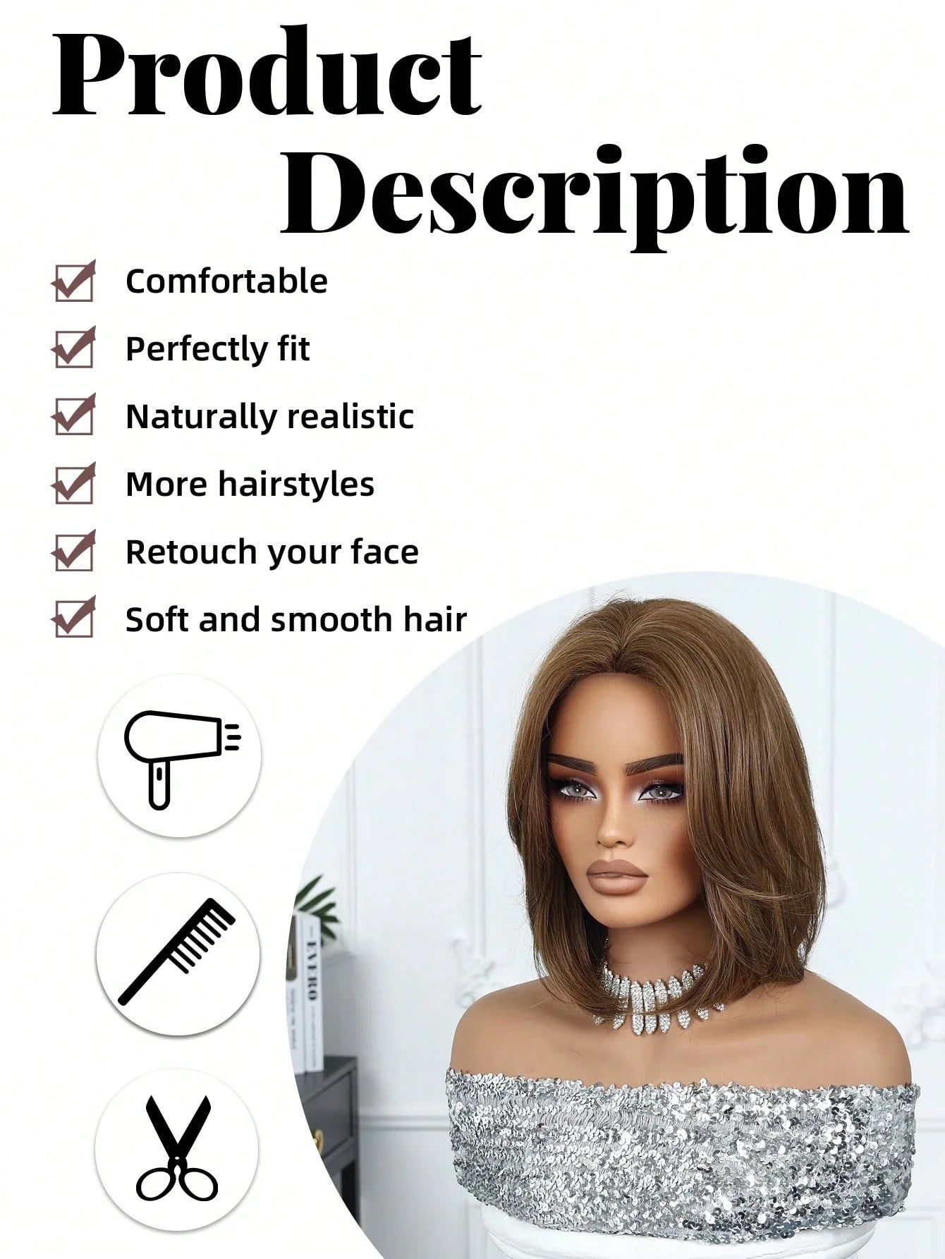 EASIHAIR Short Straight Bob Hair Wigs Synthetic Wig for Women Brown Straight Natural Wigs with Eight Character Daily Cosplay for Women Hair Style