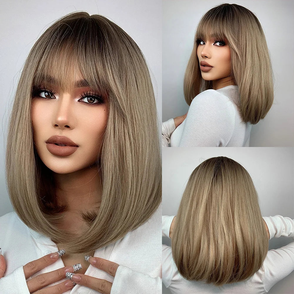 Short Bob Platinum Blonde Wig with Bangs Synthetic Natural Straight Blonde Hair Wigs for White Women Party Daily Heat Resistant Hair Style