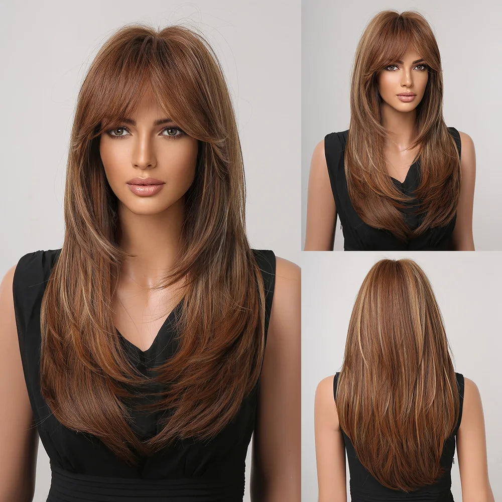 Blonde Unicorn Synthetic Medium Long Straight Brown Blonde Wig For Women Cosplay Daily Party Wigs Heat Resistant False Hair Style