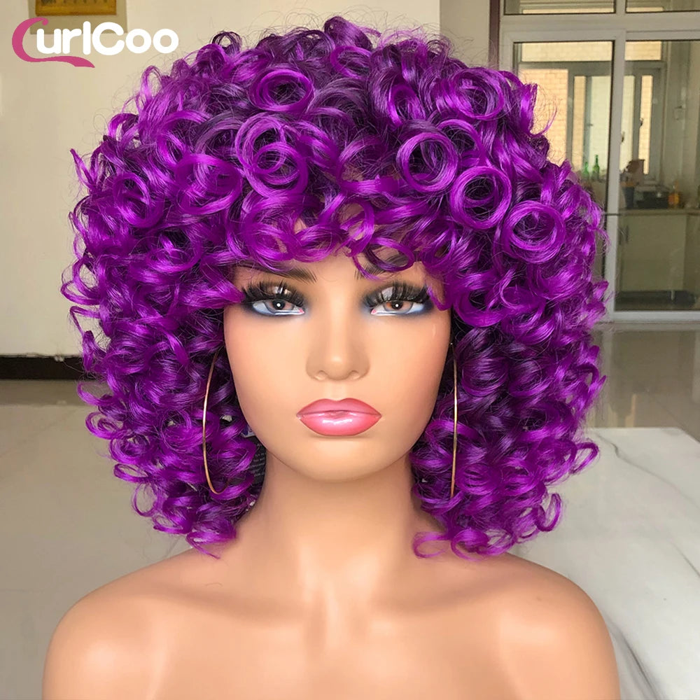 Short Hair Afro Curly Wig Natural Blonde Hair Wigs with Bangs Fluffy Synthetic Ombre Cosplay Lolita Wigs For Black Women