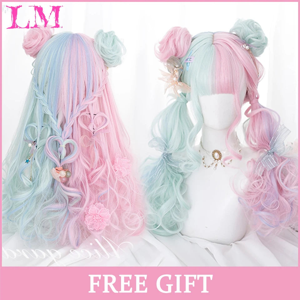 LM Cosplay Wig With Bangs Synthetic Straight Hair Wigs 24 Inch Long Heat-Resistant Pink Hair Style For Women