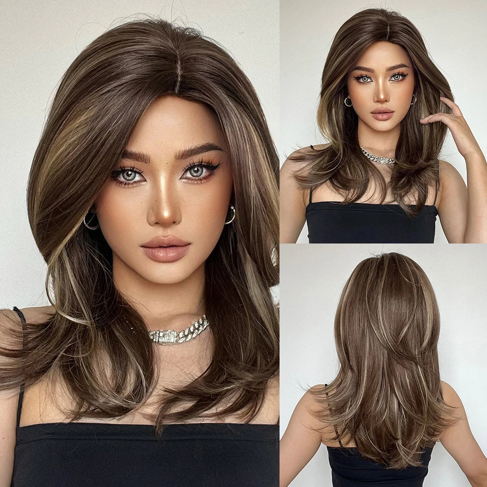 ELEMENT Synthetic Wig Medium Wavy Hair Brown Mixed Blonde Wigs for Women Daily Party Cool Heat Resistant Breathable Headband, Hair style