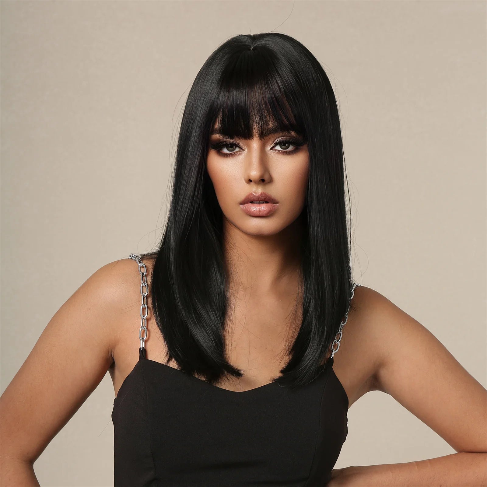 Straight Black Bob Synthetic Wig with Bangs Medium Long Cosplay Layered Hair Wigs for Woman Natural Hair Daily Wigs Hair Style Heat Resistant