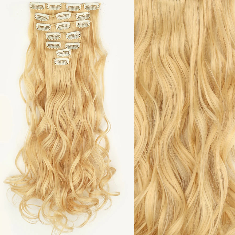 7Pcs/Set 16 Clips Wig Hair Accessories Extension Black Long Straight Natural Hair Wigs Ombre Hairpiece Heat Resistant Fiber For Women Hair Style