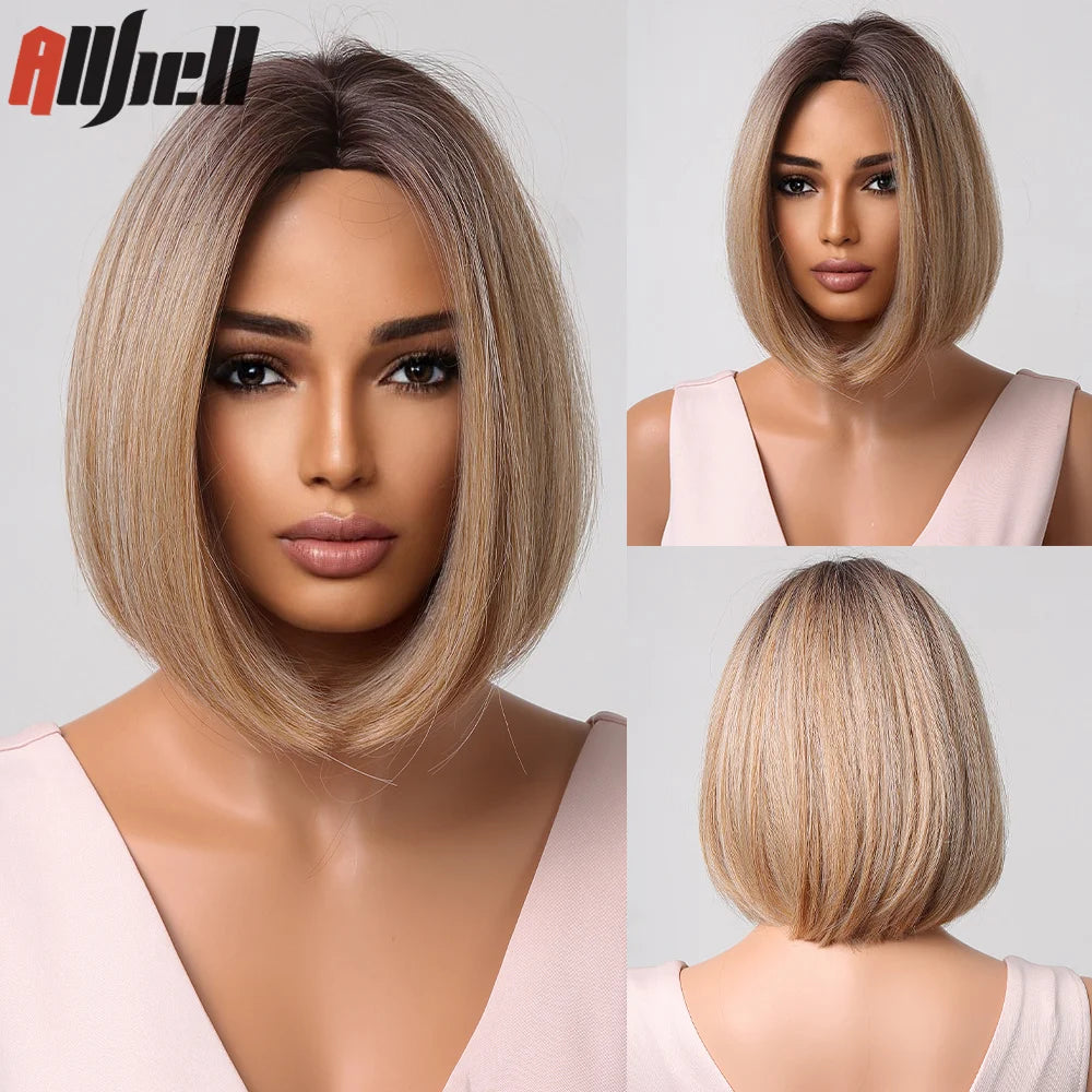 Medium Length Chestnut Brown Synthetic Wigs Hair Middle Part Wine Red Highlights Straight Wig Heat Resistant for Women Party Cosplay