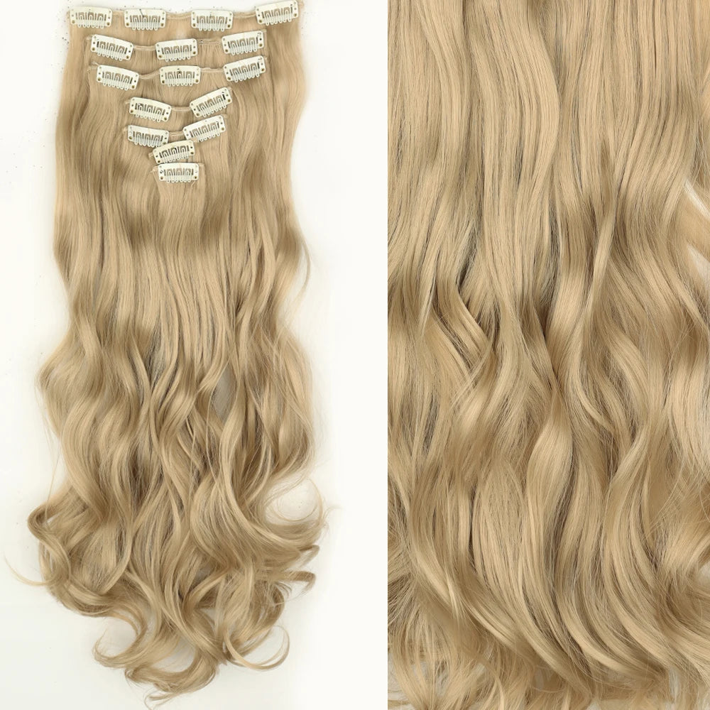 7Pcs/Set 16 Clips Wig Hair Accessories Extension Black Long Straight Natural Hair Wigs Ombre Hairpiece Heat Resistant Fiber For Women Hair Style
