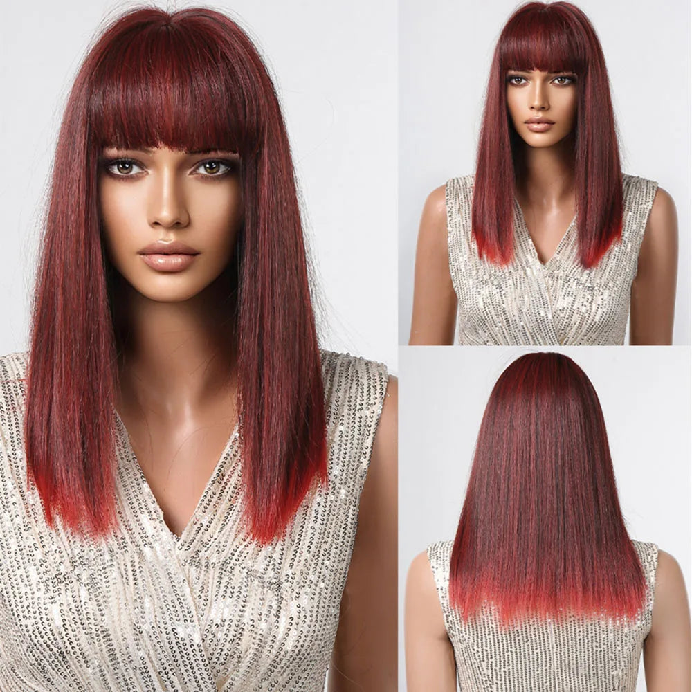 Straight Black Bob Synthetic Wig with Bangs Medium Long Cosplay Layered Hair Wigs for Woman Natural Hair Daily Wigs Hair Style Heat Resistant