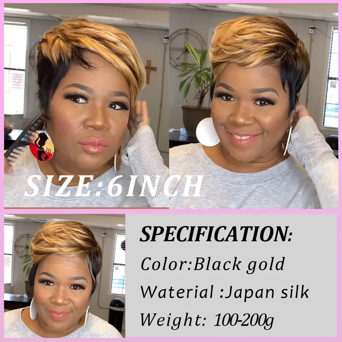 WIGERA Highlight Synthetic Hair Wigs Short Straight  Pixie Cut Hair Bob Wig Honey Gold Mix Black For Woman Daily Use