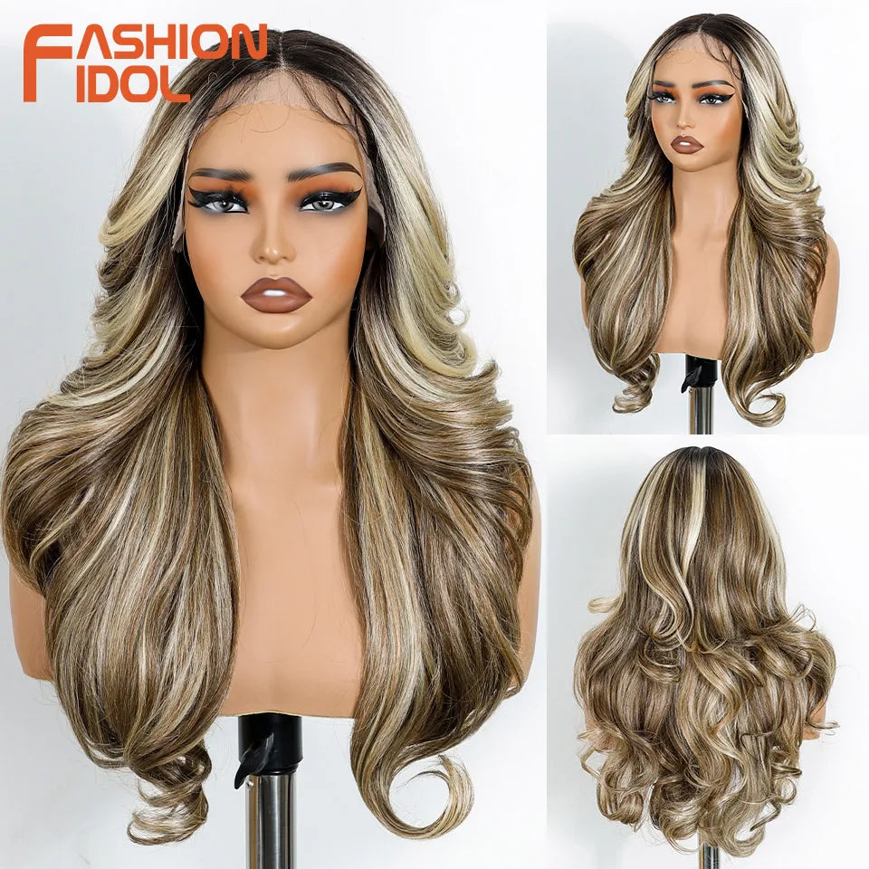 FASHION IDOL 24 Inch Long Loose Body Wavy Lace Front Wigs For Women Hair Style Pre-Cut Pre Plucked Lace Hair Wigs Ombre Blonde White Cosplay Wig