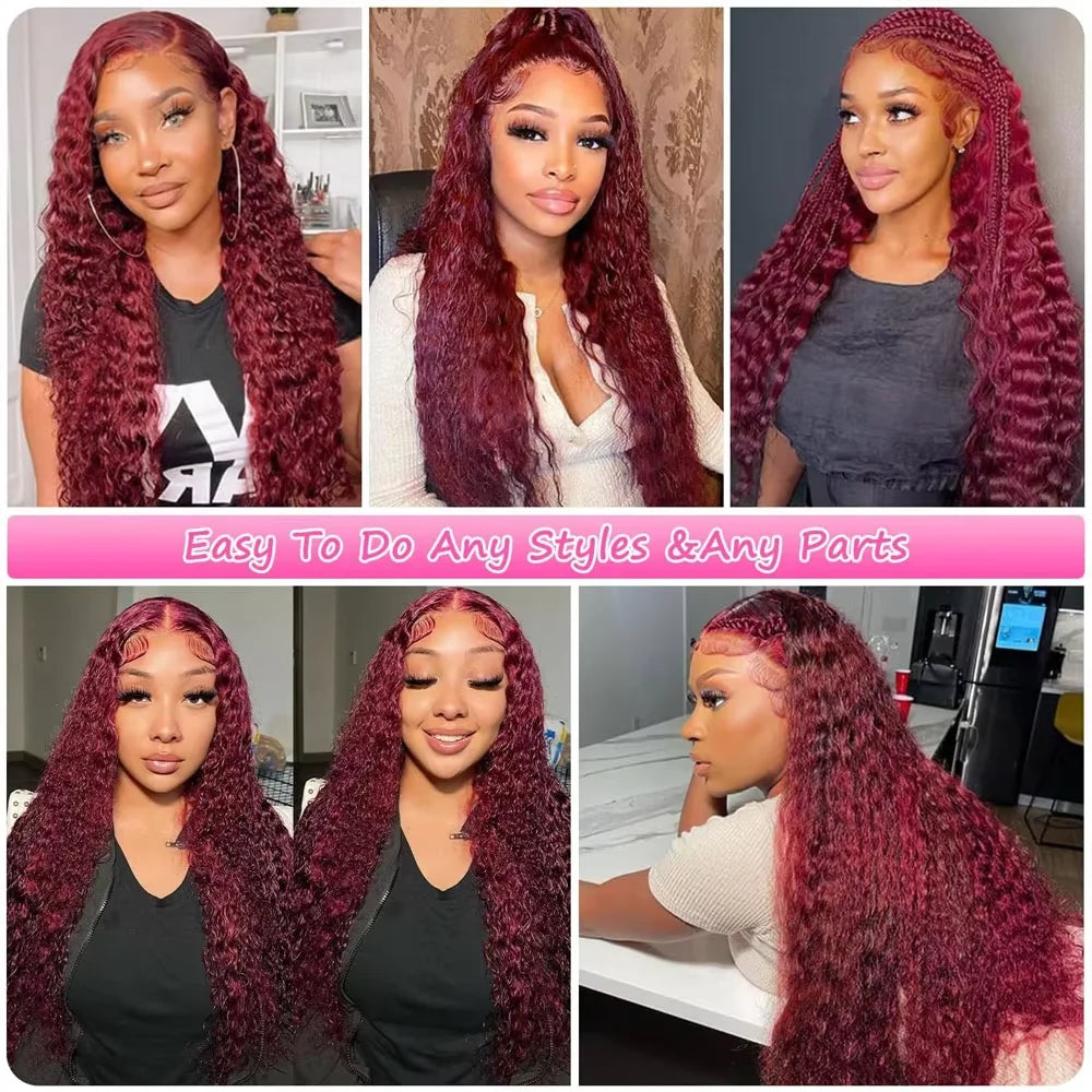 30 Inch Burgundy 99 Deep Wave Frontal Wig Colored Curly Human Hair Wigs 250% Density 13x4 13x6 HD Lace Frontal Human Hair Style Wigs